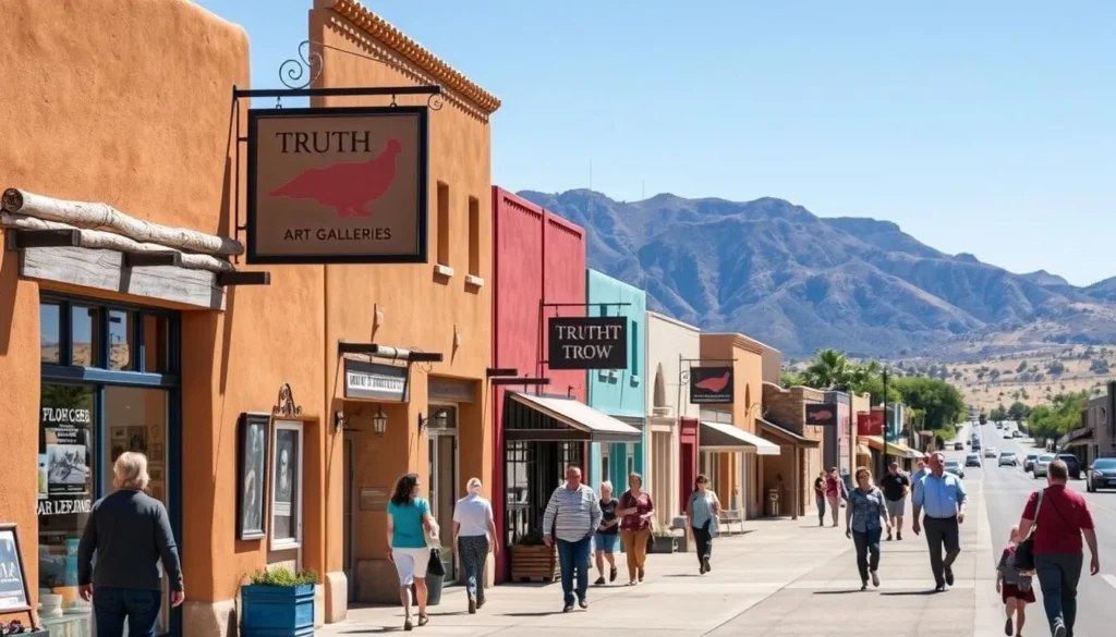 Downtown Truth or Consequences street with colorful adobe buildings and shops Downtown Truth or Consequences street with colorful adobe buildings and shops
