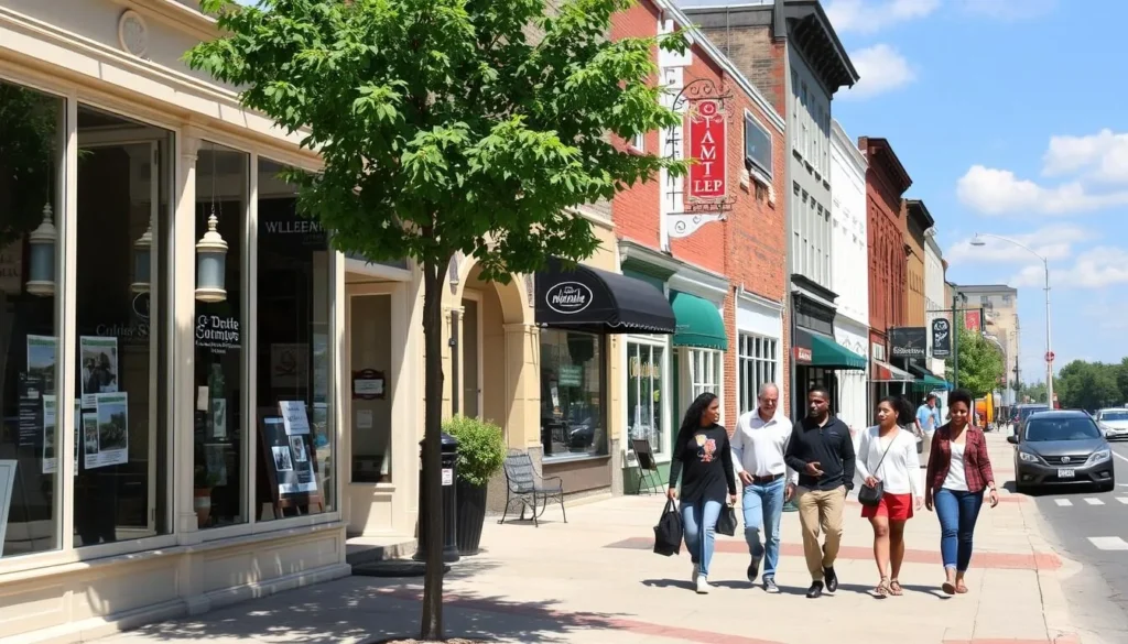 Downtown Wilkes-Barre street scene with shops and pedestrians on a sunny day