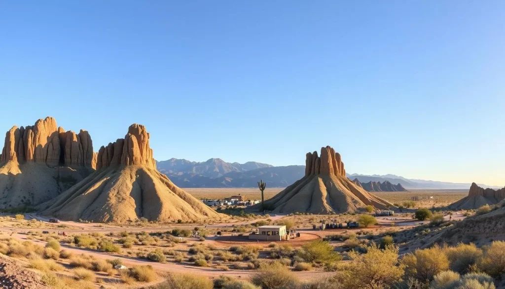 Dramatic rock formations at City of Rocks State Park with desert landscape