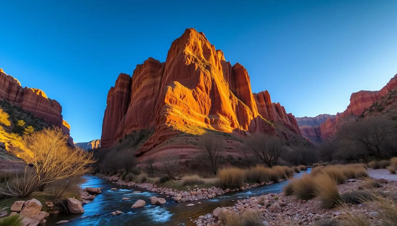 Dramatic-sandstone-cliffs-of-Eldorado-Canyon-State-Park-with-South-Boulder-Creek-flowing-below- Dramatic sandstone cliffs of Eldorado Canyon State Park with South Boulder Creek flowing below on a sunny day