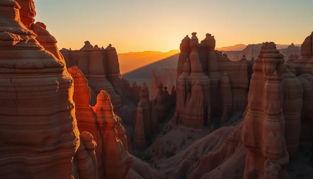 Dramatic sunset lighting on Cathedral Gorge formations creating deep shadows and textures Dramatic sunset lighting on Cathedral Gorge formations creating deep shadows and textures