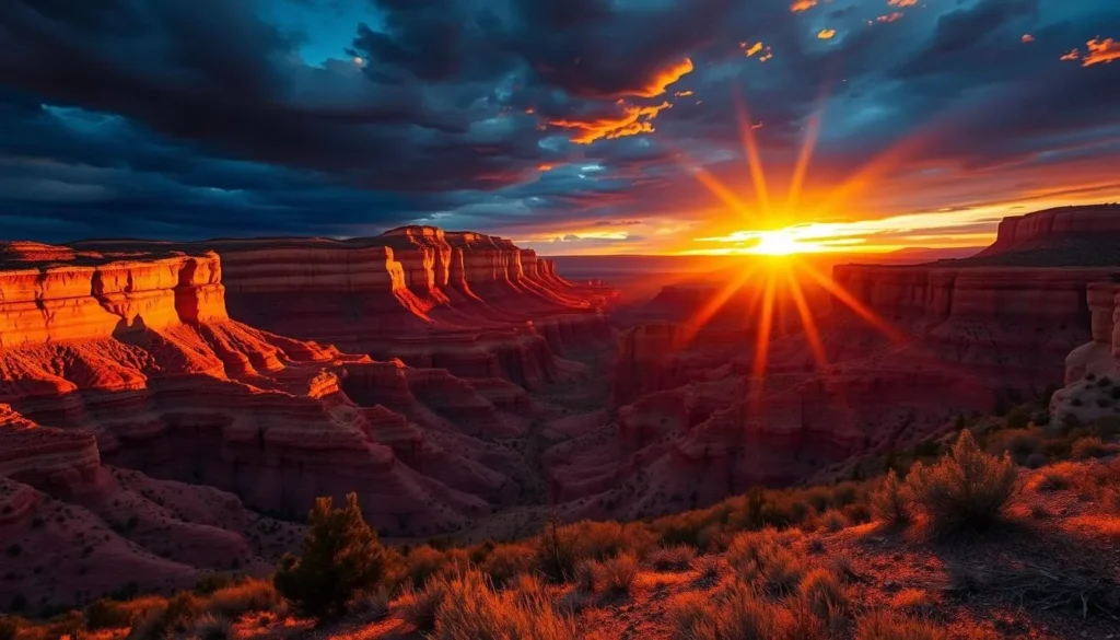 Dramatic sunset over Canyon Pintado Uplands highlighting the colorful sandstone formations Dramatic sunset over Canyon Pintado Uplands highlighting the colorful sandstone formations