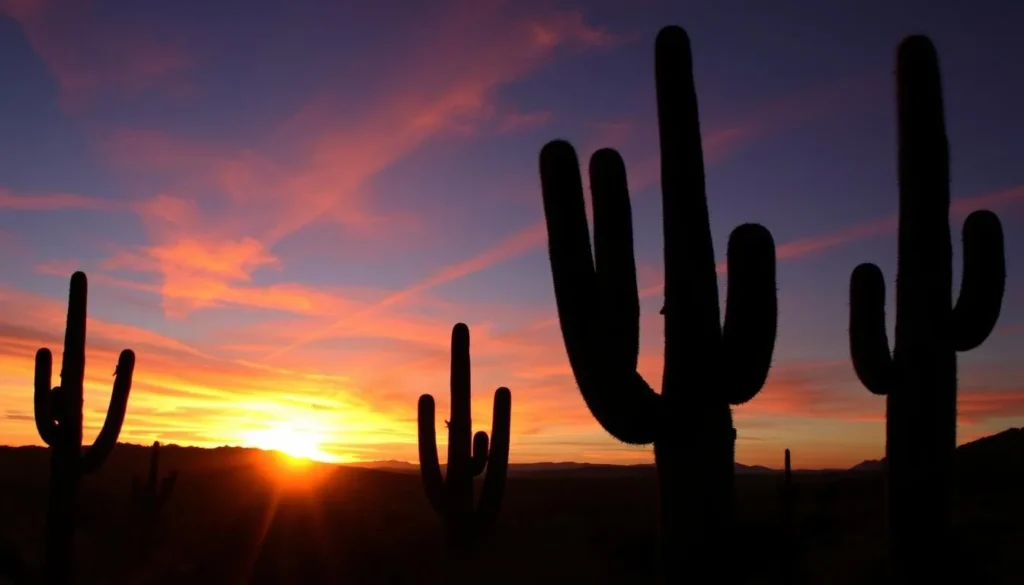 Dramatic sunset over the Sonoran Desert with silhouetted saguaro cacti