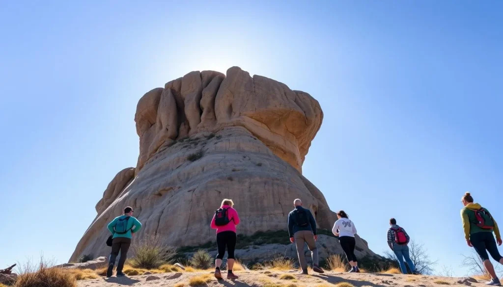 Eagle Rock formation in Topanga State Park with hikers enjoying the view