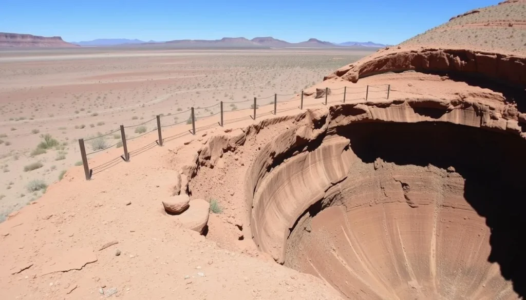 Edge of Devils Throat sinkhole showing the unstable rim and protective fence Edge of Devils Throat sinkhole showing the unstable rim and protective fence