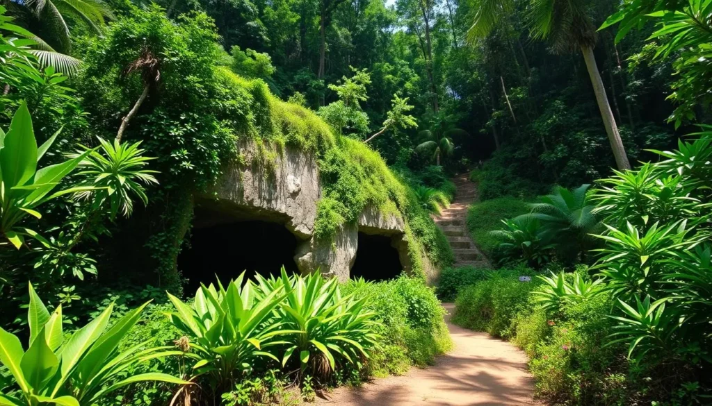 El Choco National Park with lush vegetation and cave entrance