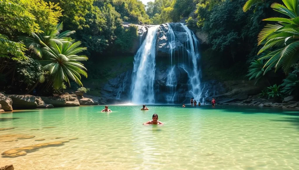 El Limón Waterfall with its 50-meter cascade and natural swimming pool surrounded by lush tropical vegetation