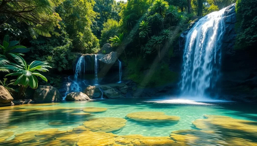 El Limón waterfall with crystal clear water surrounded by lush tropical vegetation