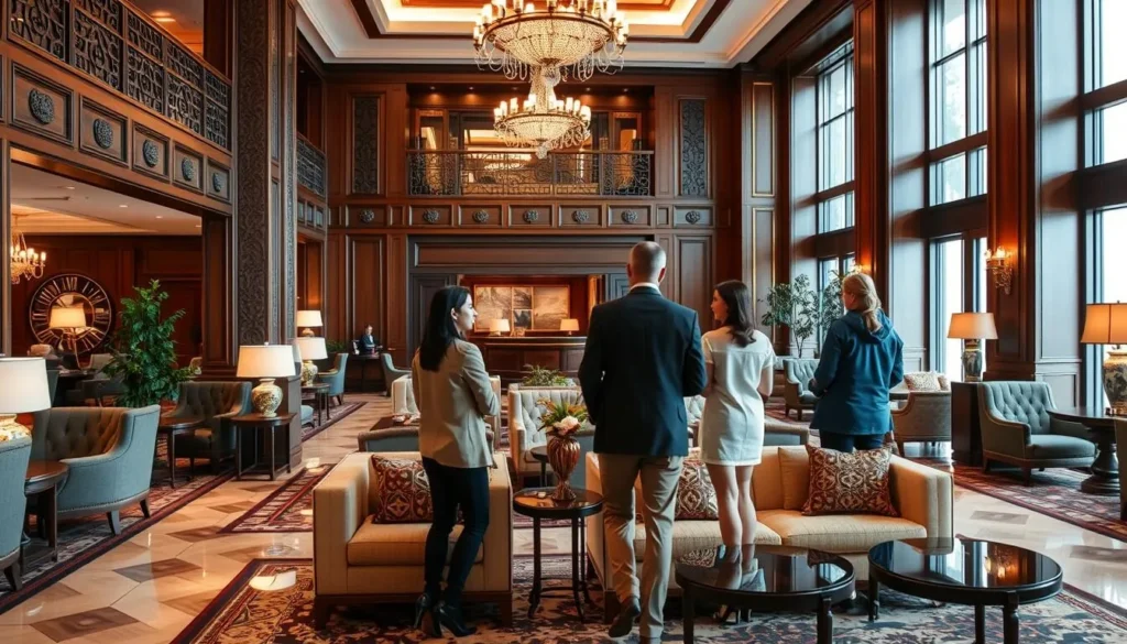 Elegant hotel lobby in Omsk with traditional Russian decorative elements