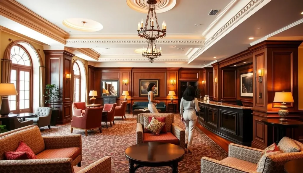 Elegant lobby of a boutique hotel in Wilkes-Barre with comfortable seating and historic architectural elements