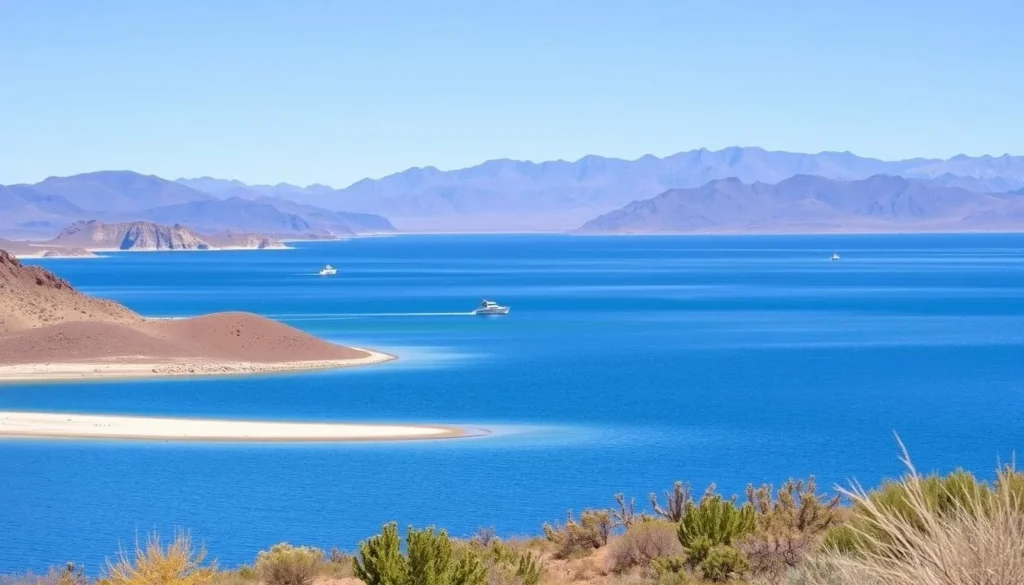 Elephant Butte Lake with desert mountains in background and small boats on water Elephant Butte Lake with desert mountains in background and small boats on water