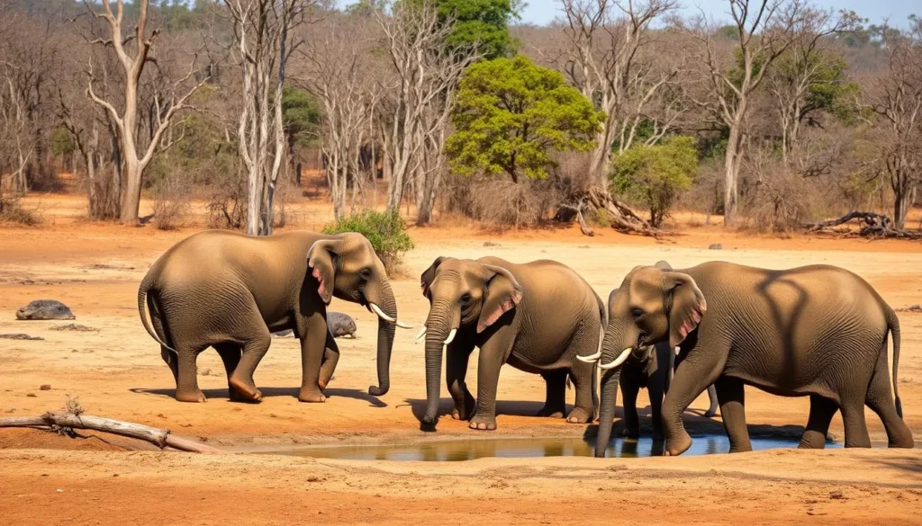 Elephants gathering near a water source in Bandipur National Park during dry season