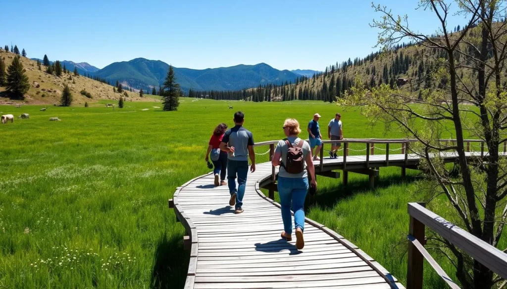 Elevated wooden boardwalk through Ward Creek meadow with people walking