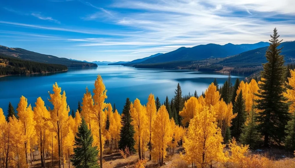 Eleven Mile State Park in autumn with colorful foliage around the reservoir and mountains in the background Eleven Mile State Park in autumn with colorful foliage around the reservoir and mountains in the background