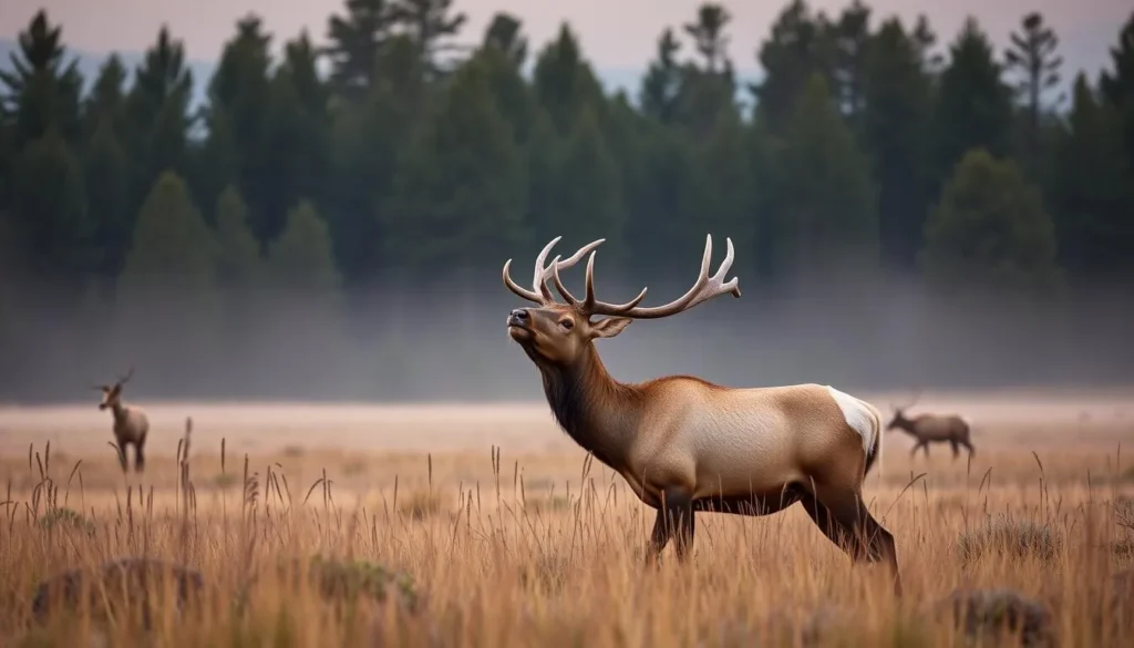 Elk bugling in a meadow at dawn in the Sacramento Mountains, New Mexico Elk bugling in a meadow at dawn in the Sacramento Mountains, New Mexico