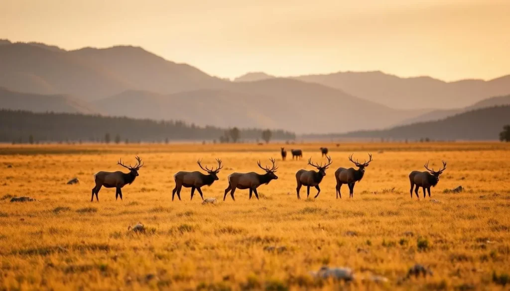 Elk herd grazing in a meadow in Valle Vidal with mountains in background Elk herd grazing in a meadow in Valle Vidal with mountains in background