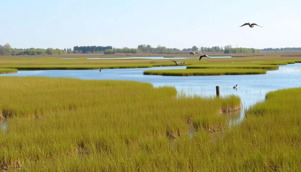 Emiquon National Wildlife Refuge near Spring Lake State Park showing wetlands with waterfowl