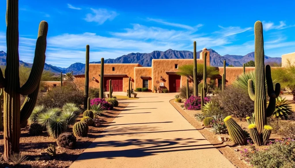 Entrance pathway to Tubac Presidio State Historic Park with desert landscaping