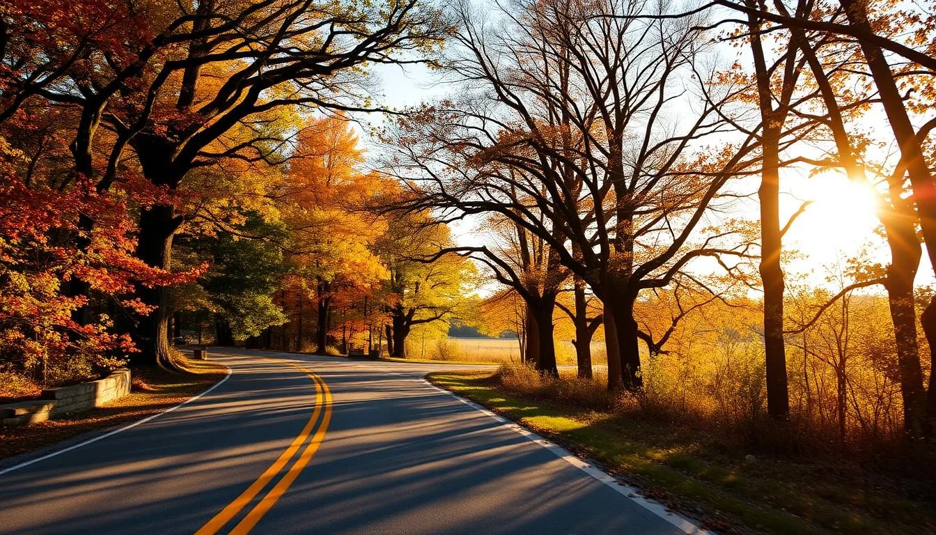 Entrance-road-to-Walnut-Point-State-Park-winding-through-autumn-trees-with-golden-sunlight Entrance road to Walnut Point State Park winding through autumn trees with golden sunlight filtering through