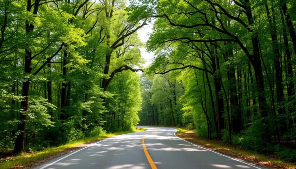 Entrance to the Tunica Trace Scenic Byway with lush green forest canopy creating a natural tunnel