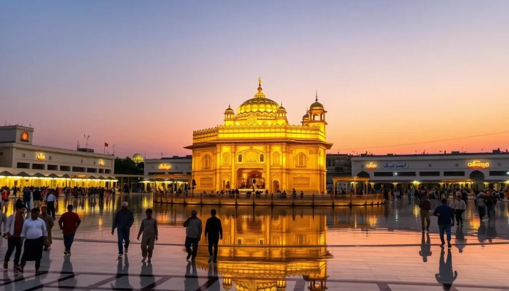 Evening ceremony at the Golden Temple in Amritsar with illuminated temple reflected in the sacred pool