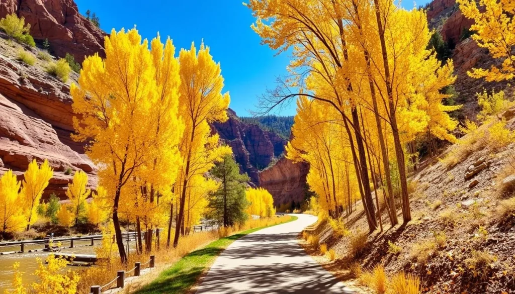 Fall colors along the Glenwood Canyon Recreation Path with golden aspen trees contrasting against red canyon walls Fall colors along the Glenwood Canyon Recreation Path with golden aspen trees contrasting against red canyon walls