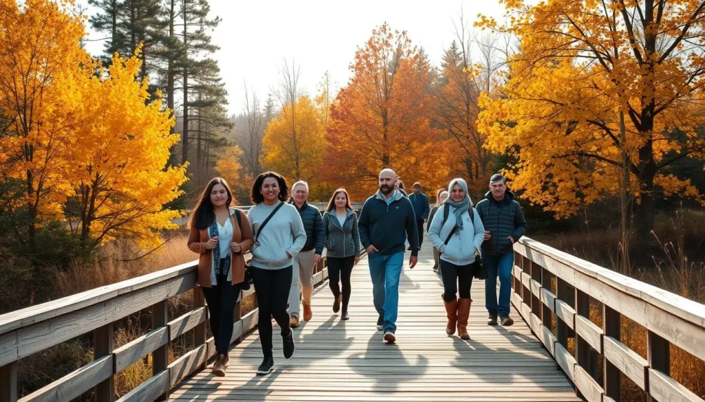 Fall colors at Fairview-Riverside State Park with diverse visitors enjoying the boardwalk