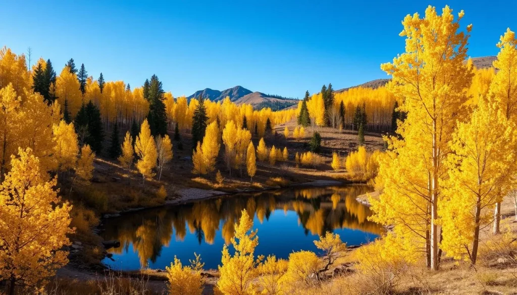 Fall colors at Grand Mesa National Forest with golden aspen trees and a small alpine lake Fall colors at Grand Mesa National Forest with golden aspen trees and a small alpine lake