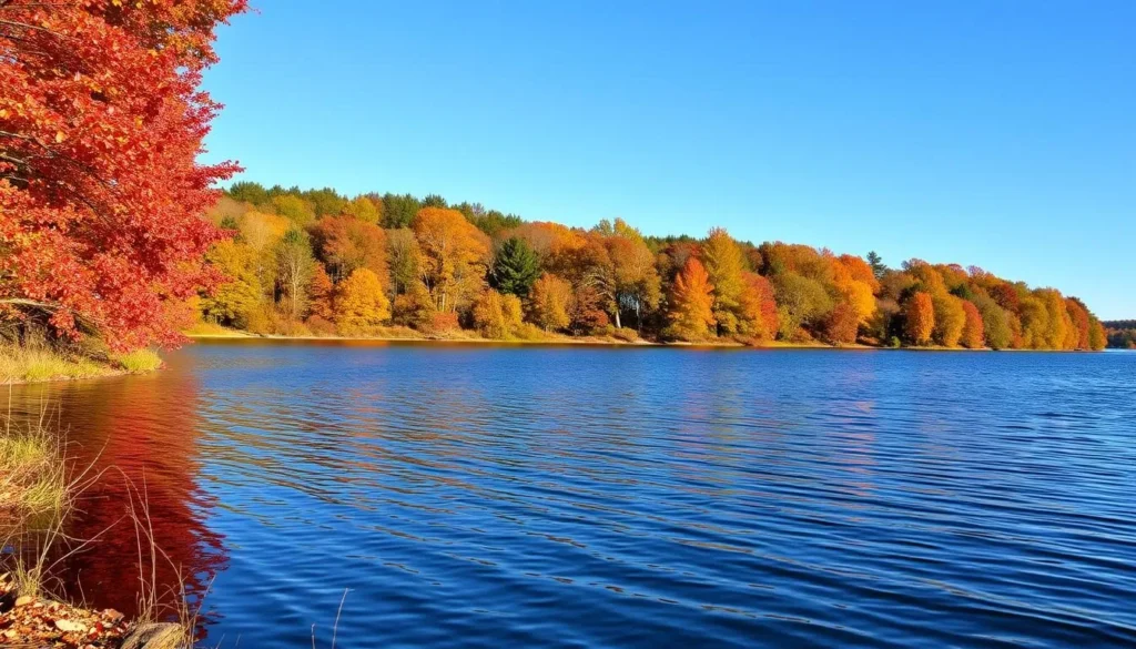 Fall colors at Poverty Point Reservoir State Park Louisiana with vibrant foliage around the water Fall colors at Poverty Point Reservoir State Park Louisiana with vibrant foliage around the water
