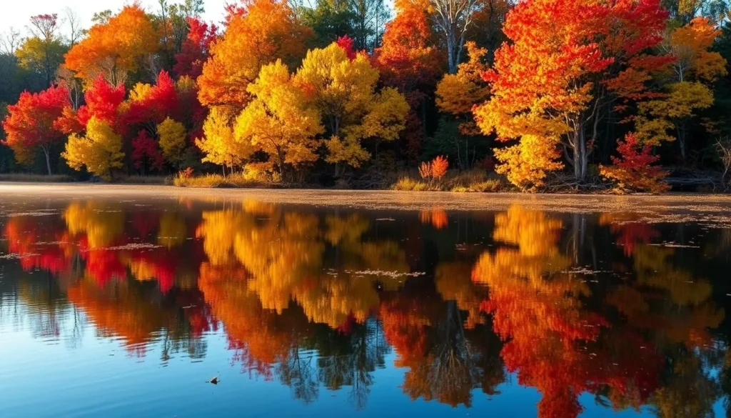 Fall colors at Red River National Wildlife Refuge Louisiana with vibrant foliage reflecting in water Fall colors at Red River National Wildlife Refuge Louisiana with vibrant foliage reflecting in water