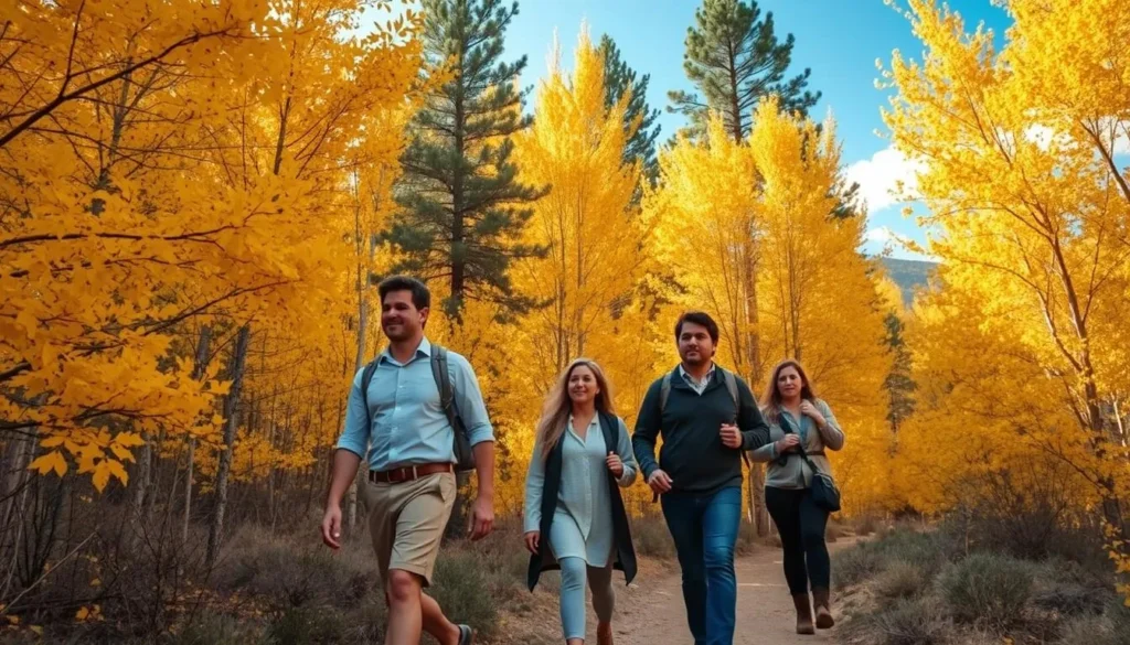 Fall colors in the Santa Catalina Mountains with hikers enjoying the trail