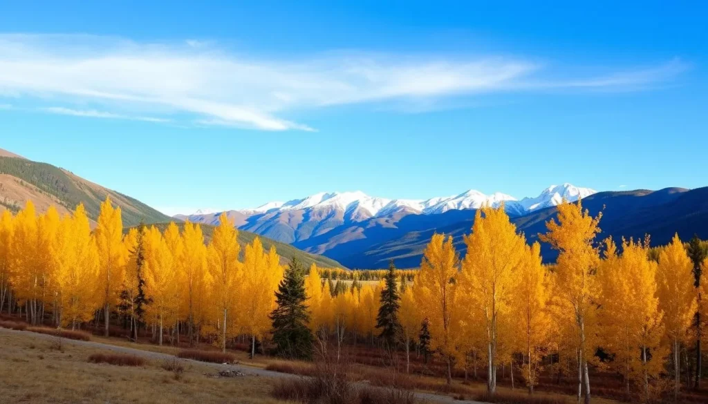 Fall colors on De Beque Plateau with golden aspen trees and mountain views