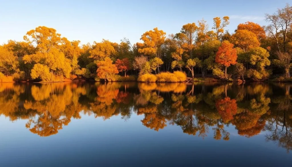 Fall foliage at Lake Fausse Pointe State Park with colorful cypress trees reflected in calm water