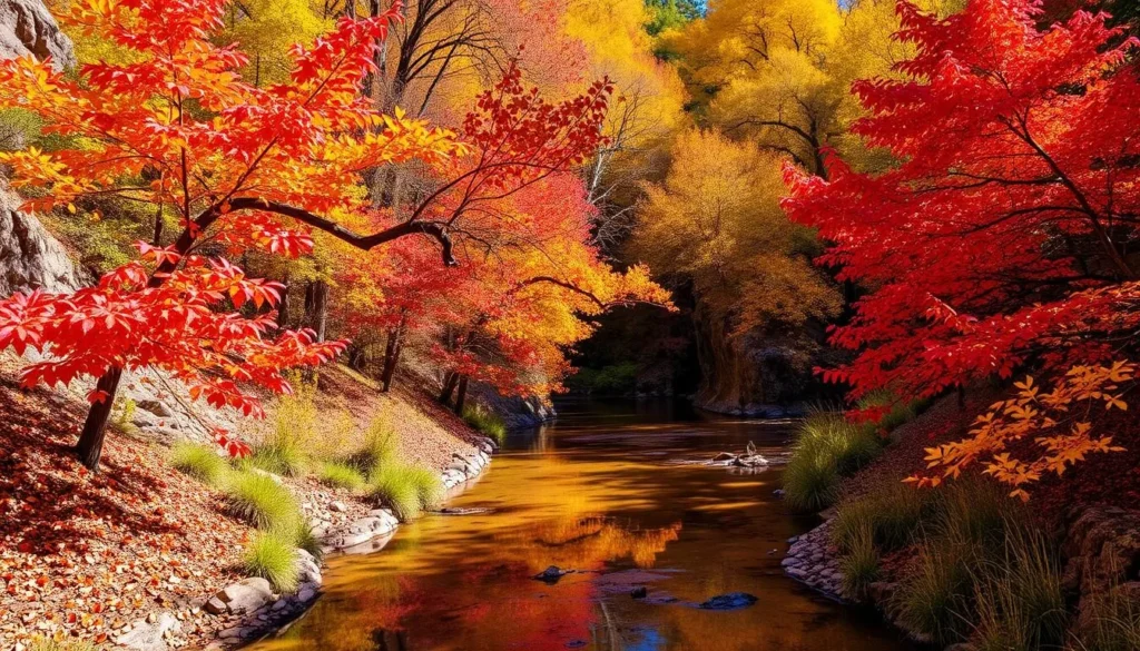 Fall foliage at Ramsey Canyon Preserve showing vibrant autumn colors along the creek