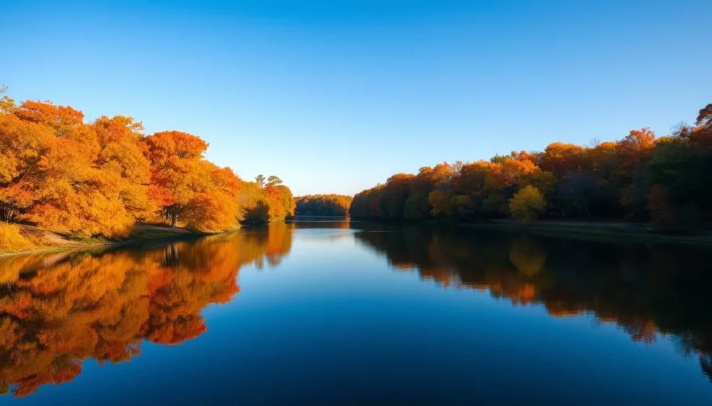 Fall foliage at Sam Houston Jones State Park with colorful trees reflecting in the Calcasieu River