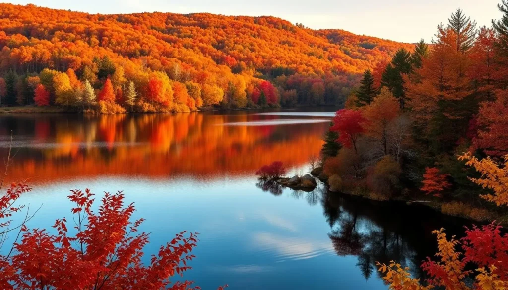 Fall foliage reflecting in Yellow Creek Lake at Yellow Creek State Park