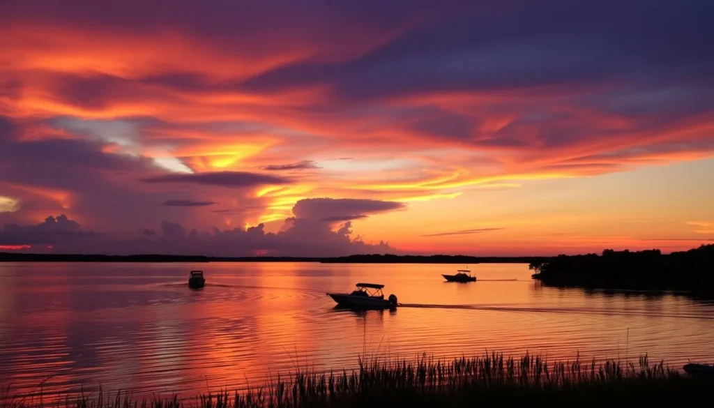 False River at sunset with boats silhouetted against colorful sky reflecting on calm water False River at sunset with boats silhouetted against colorful sky reflecting on calm water