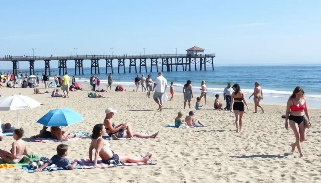 Families enjoying a sunny day at Main Beach in Seal Beach with the pier visible in background