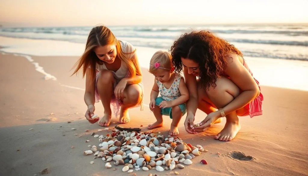 Family collecting seashells along Holly Beach shoreline with gentle waves in background Family collecting seashells along Holly Beach shoreline with gentle waves in background