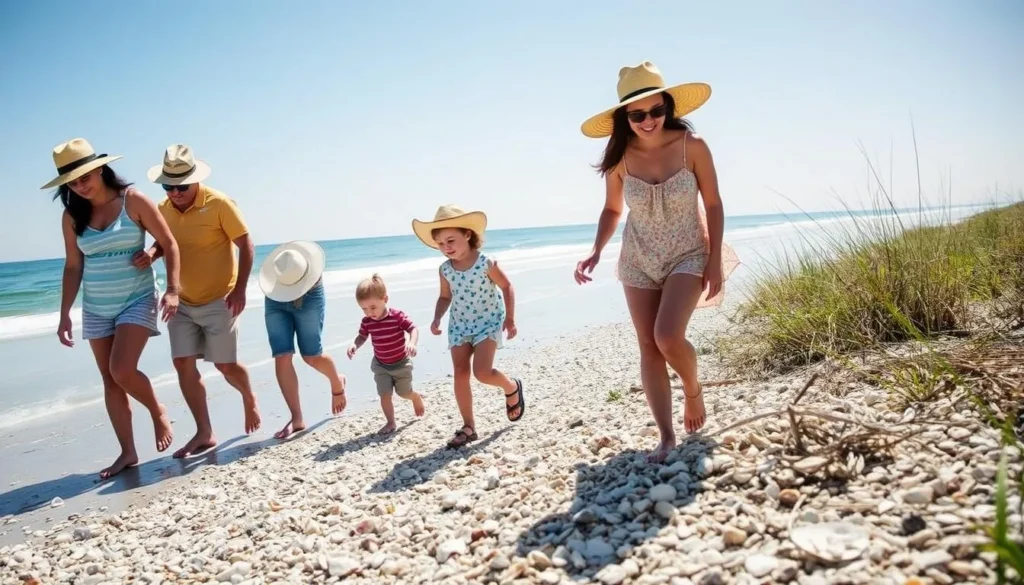 Family collecting seashells on the natural shoreline of Holly Beach along the Creole Nature Trail