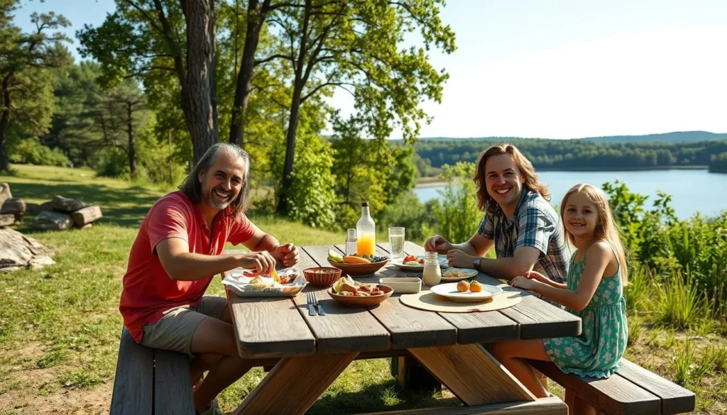 Family enjoying a picnic at Rock Cut State Park with lake view in the background Family enjoying a picnic at Rock Cut State Park with lake view in the background