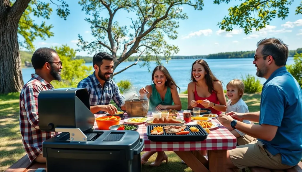 Family enjoying a picnic at Sangchris Lake with grilling setup and lake view Family enjoying a picnic at Sangchris Lake with grilling setup and lake view