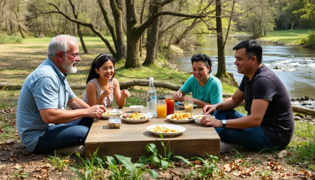 Family enjoying a picnic at Tyler State Park Pennsylvania with Neshaminy Creek in the background Family enjoying a picnic at Tyler State Park Pennsylvania with Neshaminy Creek in the background