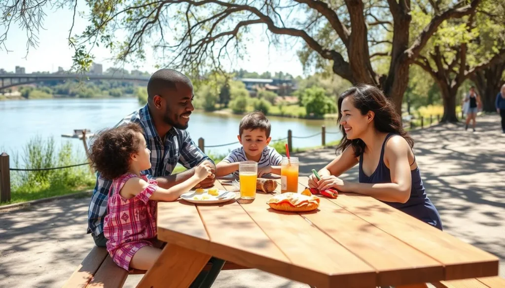 Family enjoying a picnic at William B. Ide Adobe State Historic Park with the Sacramento River in the background