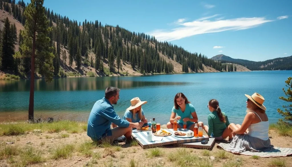 Family enjoying a picnic by one of Grand Mesa's alpine lakes Family enjoying a picnic by one of Grand Mesa's alpine lakes