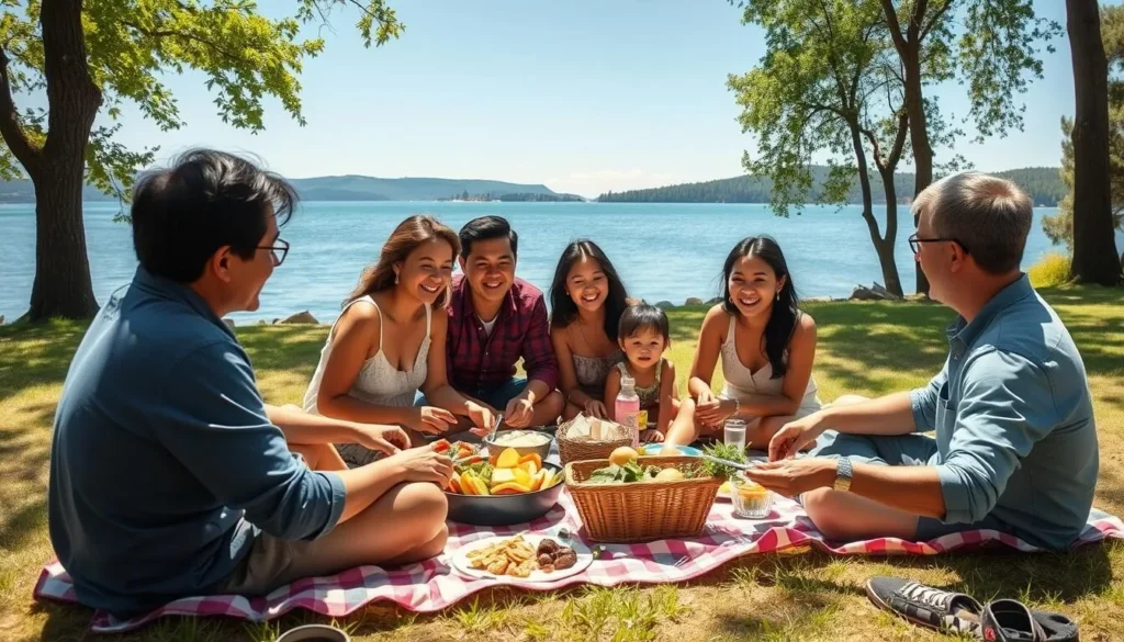 Family enjoying a picnic near the shores of Powerton Lake