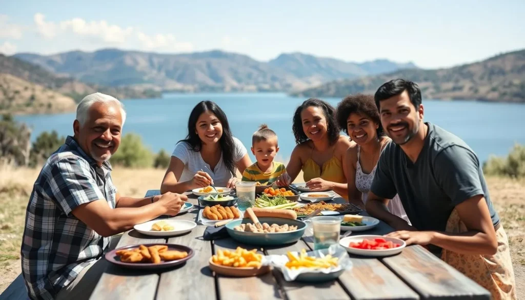 Family enjoying a picnic with scenic views of San Luis Reservoir in the background Family enjoying a picnic with scenic views of San Luis Reservoir in the background