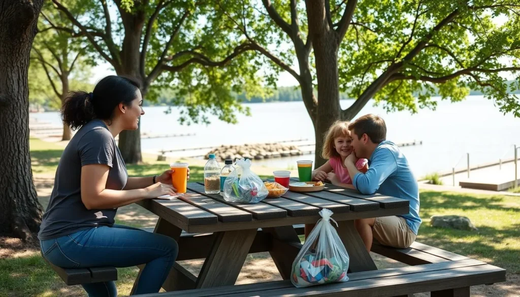 Family enjoying a responsible picnic at Walnut Point State Park with proper waste disposal Family enjoying a responsible picnic at Walnut Point State Park with proper waste disposal
