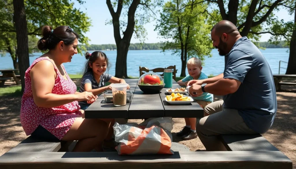 Family enjoying a safe picnic at Ramsey Lake State Park with proper food storage Family enjoying a safe picnic at Ramsey Lake State Park with proper food storage