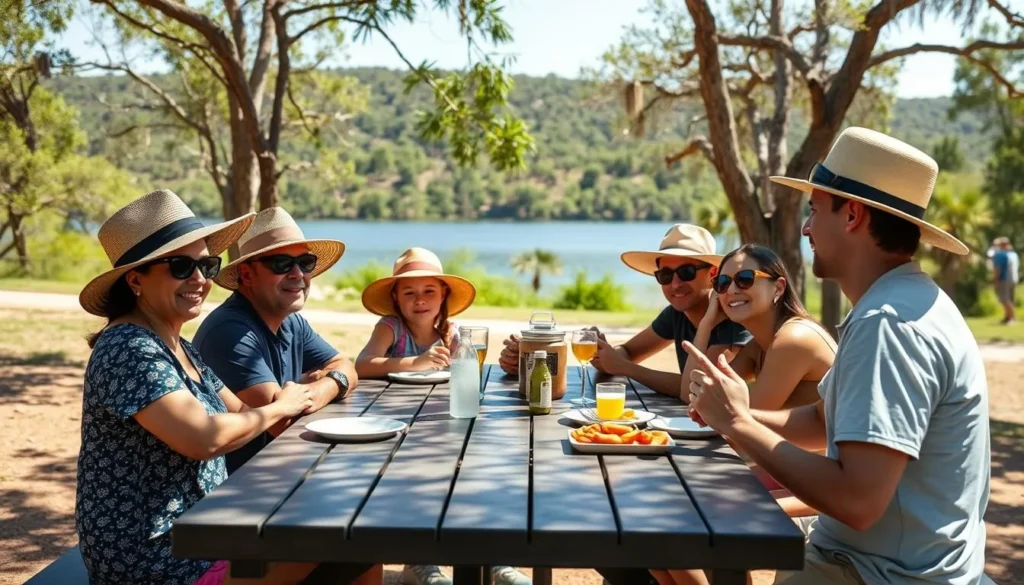 Family enjoying a safe picnic at Santa Rosa Lake State Park with proper sun protection Family enjoying a safe picnic at Santa Rosa Lake State Park with proper sun protection
